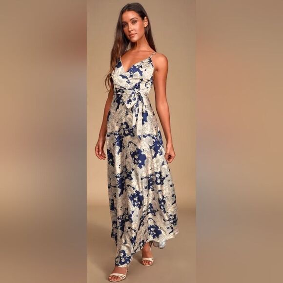 Lulus Tea Gardens Navy Blue Floral Print Satin Maxi Dress NWT Small blue/white - Picture 1 of 7